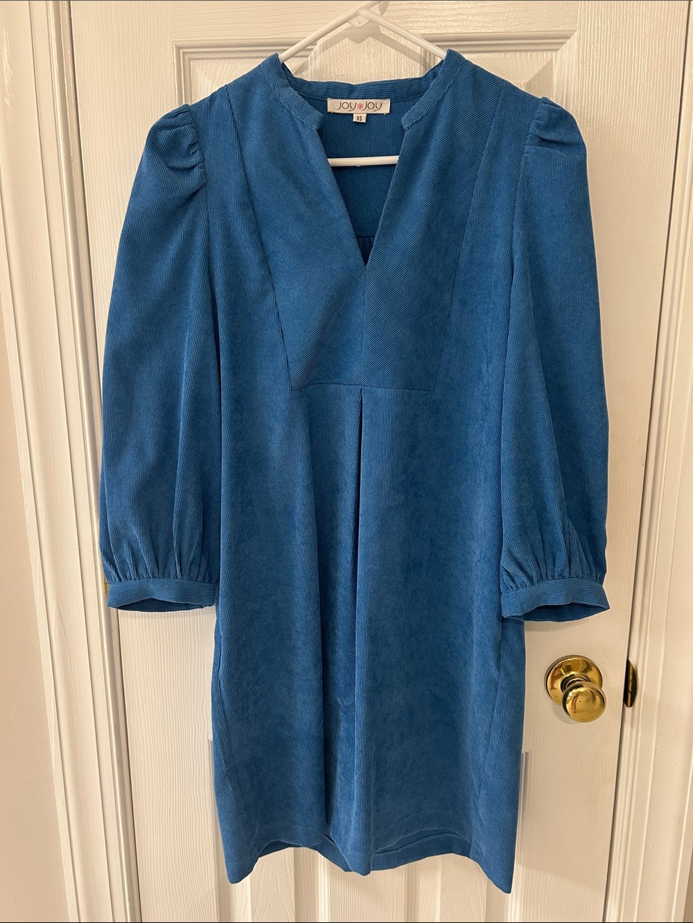 Joy Joy Teal-Blue Lightweight Corderoy V-Neck Mini Dress
